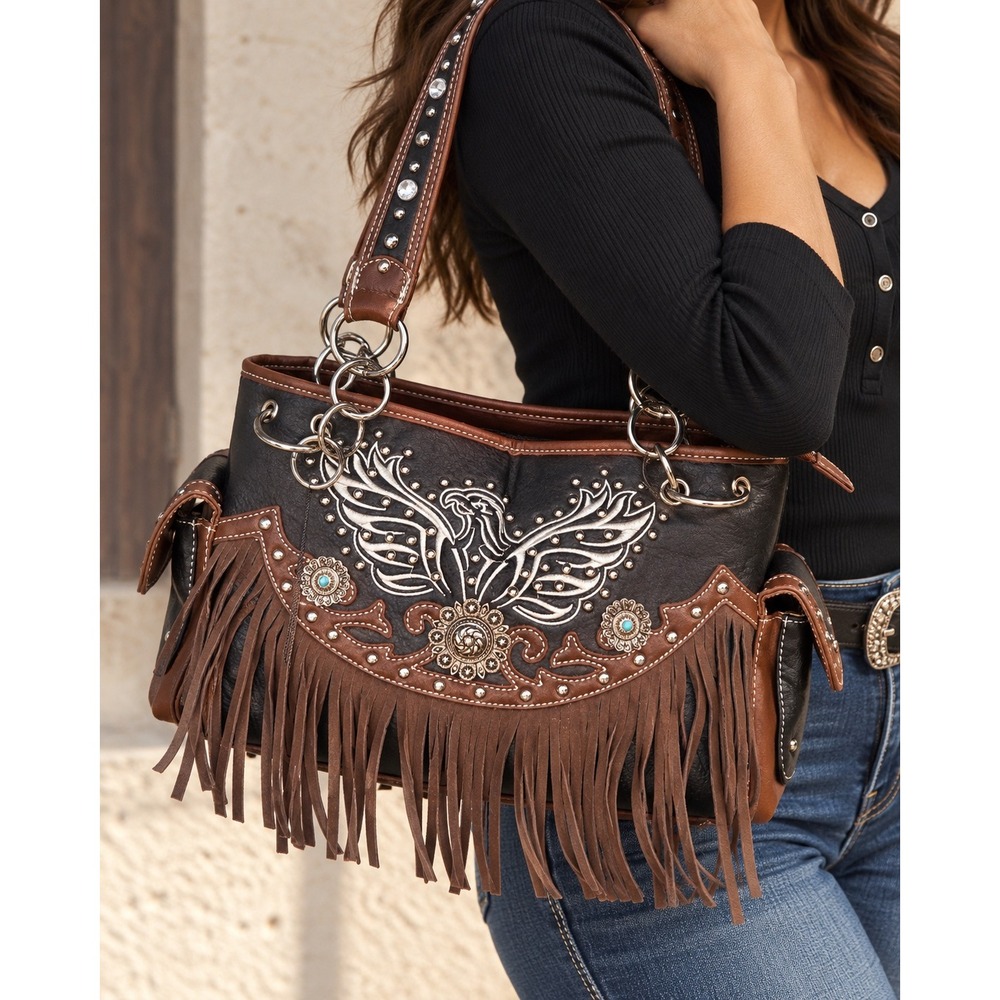 Western Biker Boho Fringe Satchel Eagle Studded Rhinestone Shoulder Bag NWT